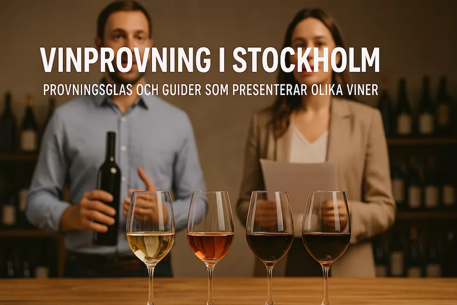 Vinprovning i Stockholm med provningsglas och guider som presenterar olika viner